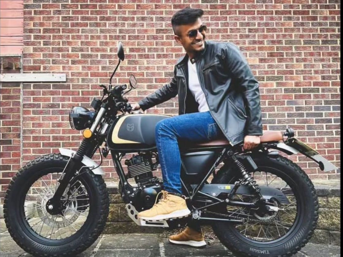 Jefferson Justin in his old bike. He reportedly died after his latest bike, a compact street bike with a single seat, skidded and hit a wall while he was returning from work in Leeds.