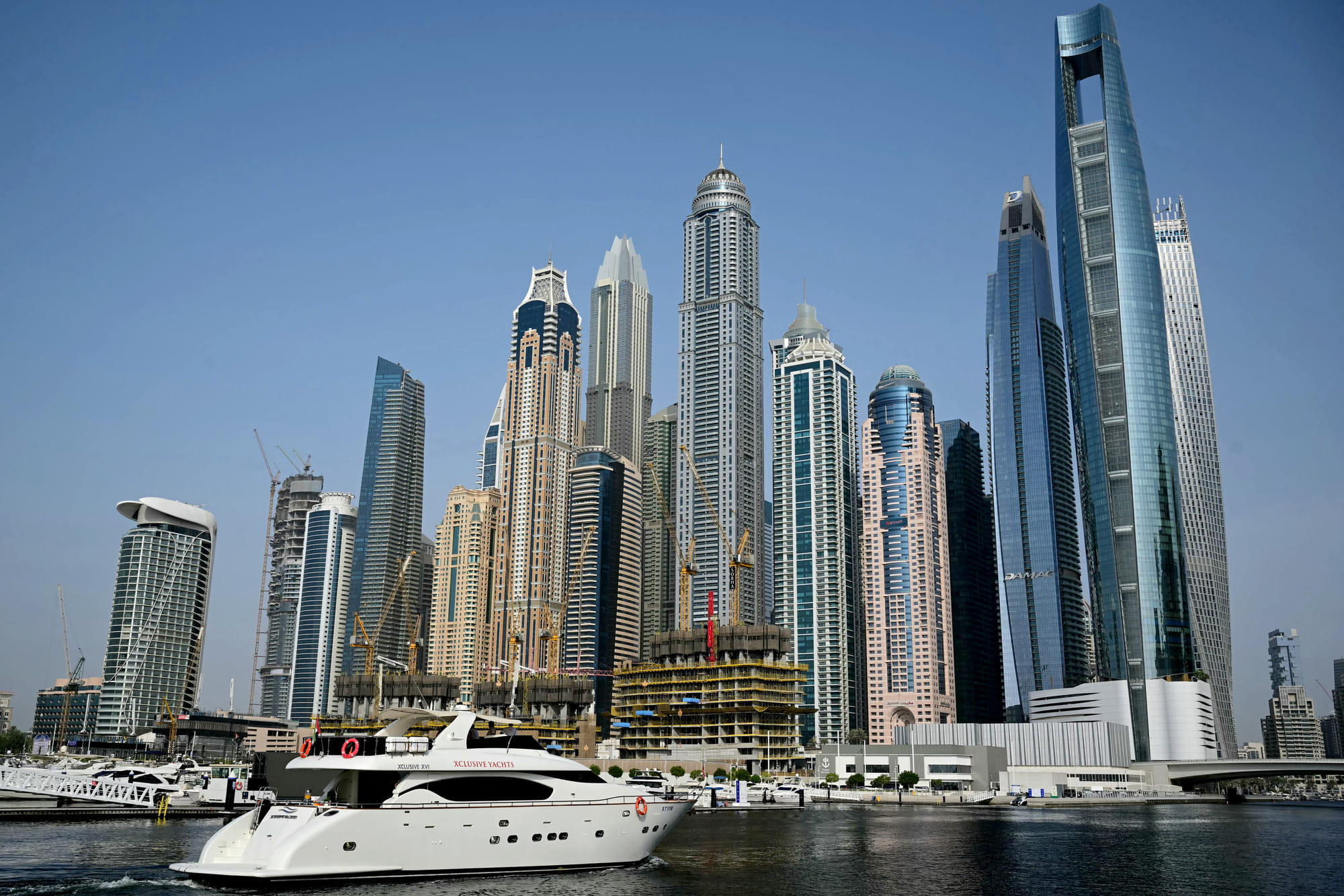 A yacht is pictured at the Dubai Marina in Dubai August 6, 2025.