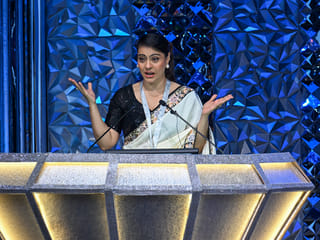 Actress Kajol addresses at the 60th and 61st Diamond Jubilee Maharashtra State Marathi Film Awards during a ceremony at Worli in Mumbai.