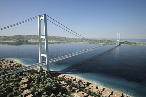 This digital rendering shows a bridge linking the Italian mainland with Sicily, a long-delayed 13.5 billion euro ($15.5 billion) project, that an interministerial committee with oversight of strategic public investments has approved, the Italian Transport Ministry said in a statement, Tuesday, Aug. 6, 2025.