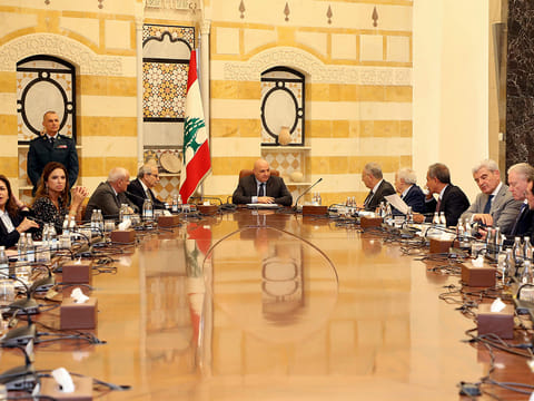 Lebanese president Joseph Aoun, centre, leads a Cabinet meeting which supposed to discuss the disarmament of Hezbollah, at the presidential palace in Baabda, east of Beirut, Lebanon.