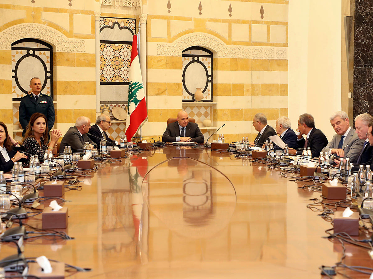 Lebanese president Joseph Aoun, centre, leads a Cabinet meeting which supposed to discuss the disarmament of Hezbollah, at the presidential palace in Baabda, east of Beirut, Lebanon.