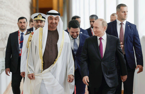 Sheikh Mohamed with Putin following his talks at the Kremlin on August 7, 2025.