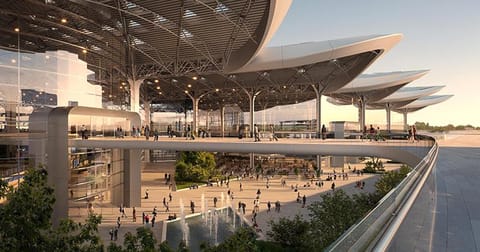 An artist's rendering of the approved design of a planned new airport in Poland, known as CPK. The terminal, linked to a high-speed rail line, will initially handle up to 34 million passengers annually, which could be ramped up to 44 million per year. 