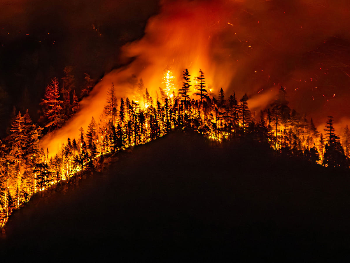 A wildfire burns on Mount Underwood near Port Alberni, on Vancouver Island, British Columbia.
