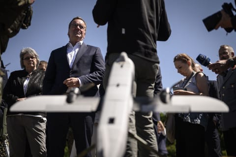 German Defence Minister Boris Pistorius, right, during a drone demonstration in July.