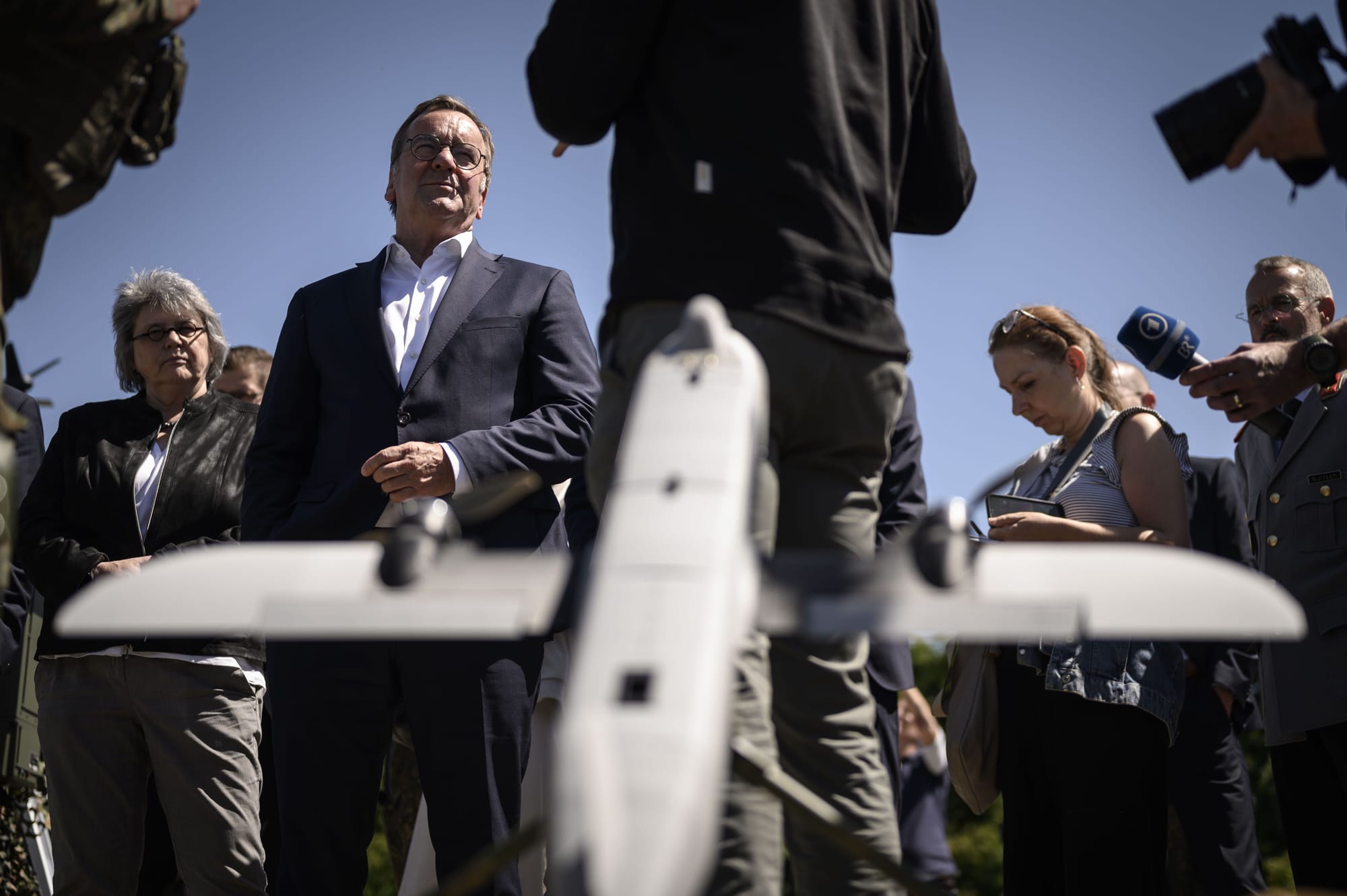 German Defence Minister Boris Pistorius, right, during a drone demonstration in July.
