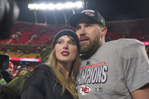 Kansas City Chiefs tight end Travis Kelce, right, appears with singer Taylor Swift after the Chiefs victory over the Buffalo Bills in the AFC Championship game in Kansas City, Mo., on Jan. 26, 2025. 