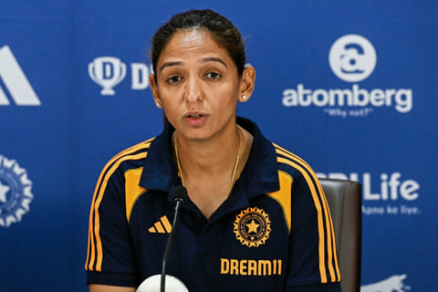 India's captain Harmanpreet Kaur speaks during a press conference to announce squad for the upcoming 2025 ICC Women's Cricket World Cup and the three-match one-day international (ODI) series against Australia, in Mumbai on August 19, 2025.