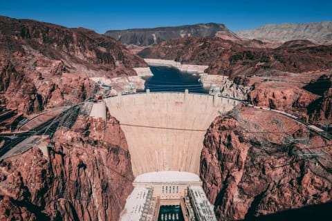 Stunning aerial shot of the Hoover Dam, completed in 1935. Its hydroelectric plant produces 2,080 MW, providing power to much of the US west coast.