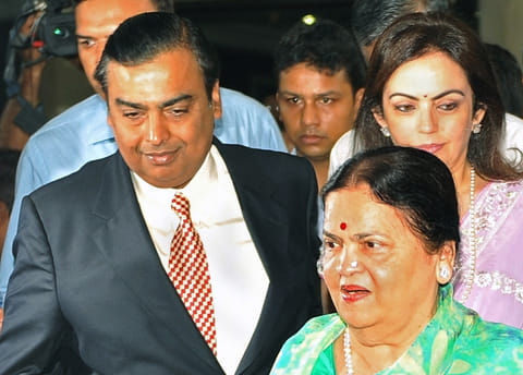 Kokilaben Ambani with son Mukesh and daughter-in-law Nita Ambani.  