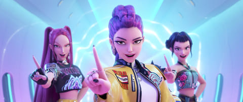 This image released by Netflix shows characters, from left, Mira, Rumi, Zoey in a scene from "KPop Demon Hunters." 