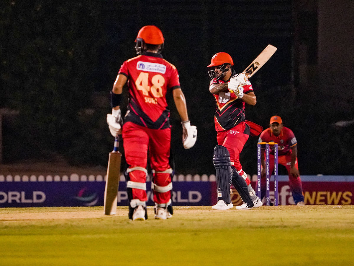 Action from the opening match of the DP World ILT20 Development Tournament on Sunday.