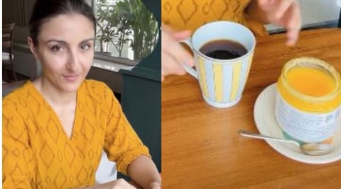 Soha Ali Khan shared a video on Instagram where she drank coffee, with a teaspoon of ghee. 