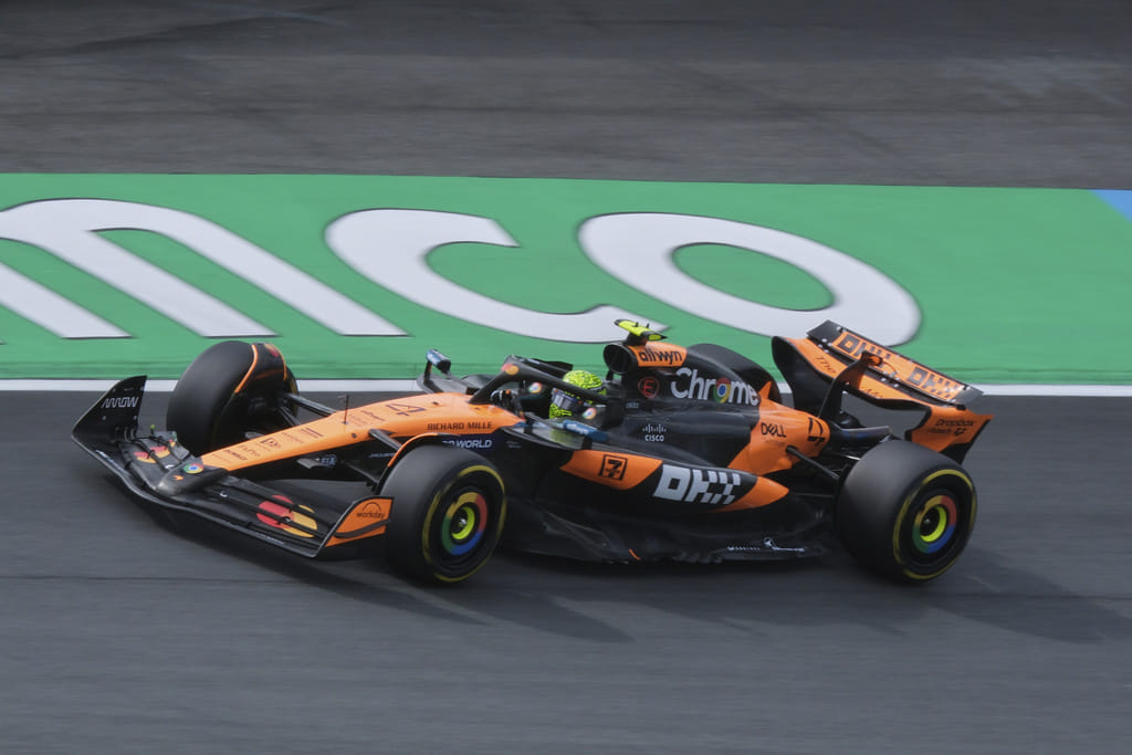 McLaren driver Lando Norris of Britain in action during the first practice for the Formula One Dutch Grand Prix in Zandvoort, Netherlands, on August 29, 2025.