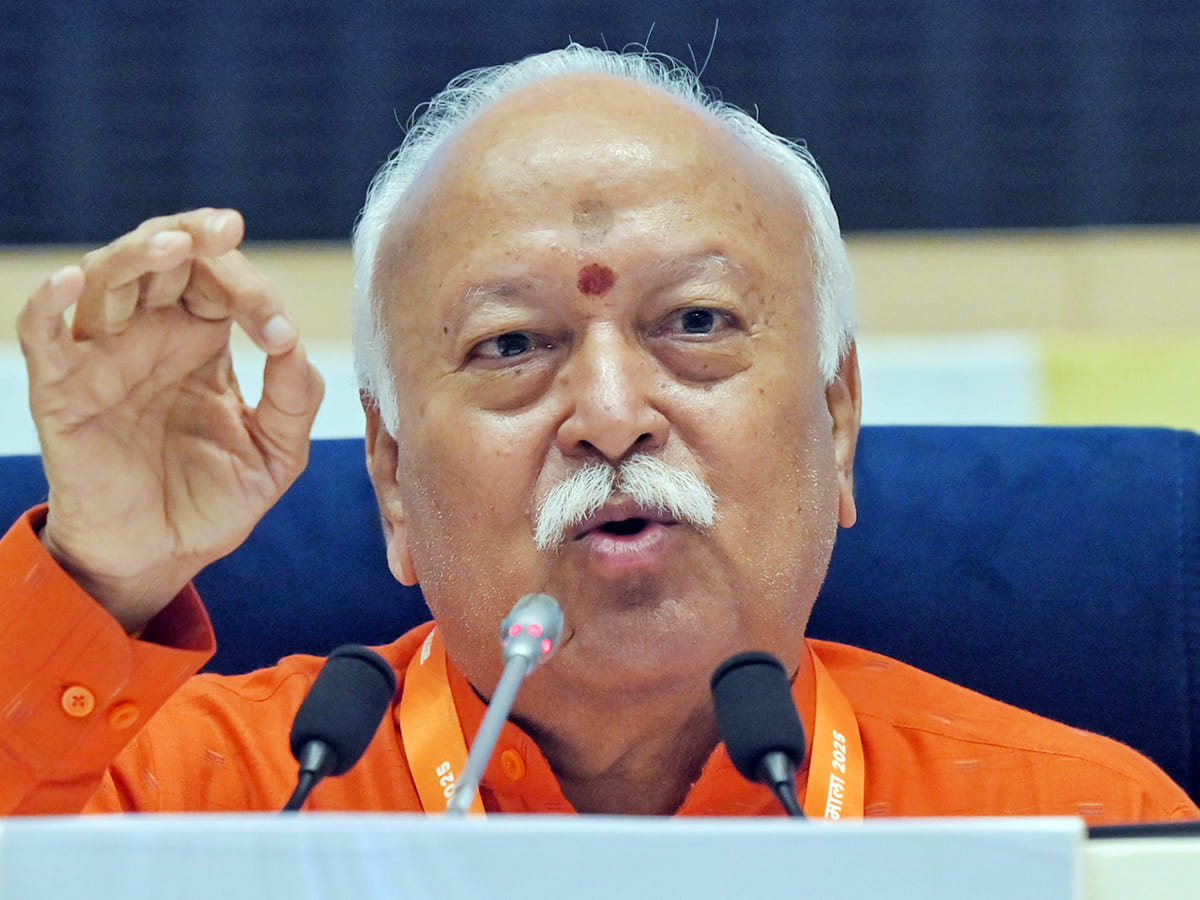Rashtriya Swayamsevak Sangh chief Mohan Bhagwat speaks during a question-and-answer session as part of the RSS' three-day lecture series on '100 years of Sangh journey', in New Delhi on Thursday. 