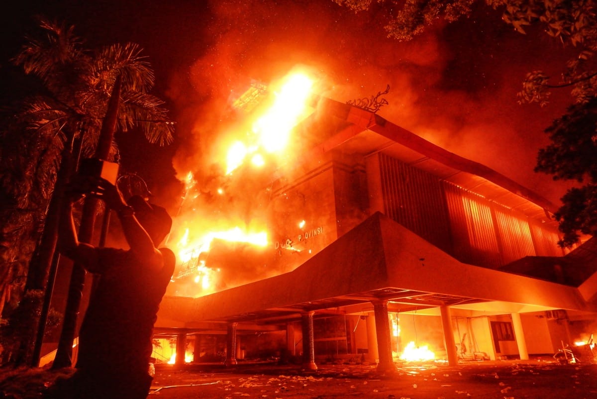 The building of Makassar City Regional House of Representatives is set on fire during a protest in Makassar, South Sulawesi, on August 29, 2025.
