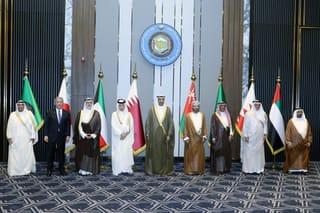Gulf Cooperation Council (GCC) Secretary-General Jassim al-Budaiwi, Japan's Foreign Minister Takeshi Iwaya, Kuwait's deputy Minister of Foreign Affairs Sheikh Jarrah Jaber Al-Ahmad Al-Sabah, Qatar’s Minister of State for Foreign Affairs Sultan bin Saad Al-Muraikhi, Kuwait's Foreign Minister Abdullah Ali al-Yahya, Oman's Foreign Minister Badr al-Busaidi, Saudi Arabia's Undersecretary of the Ministry of Foreign Affairs for International Affairs Abdulrahman Al-Rassi, Bahrain's Foreign Minister Abdullatif bin Rashid al-Zayani and UAE's Minister of State within the Ministry of Foreign Affairs Khalifa Shaheen al-Marar pose for a group photo following the Gulf Cooperation Council (GCC) Foreign Ministers meeting with Japan's Foreign Minister in Kuwait City on September 1, 2025.