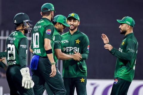 Pakistan's team reacts after taking the wicket during the T20 international cricket match between Afghanistan and Pakistan, in Sharjah on September 2, 2025.