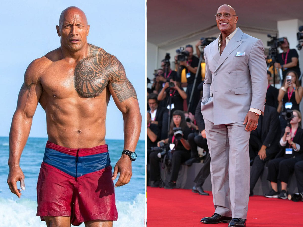 Dwayne Johnson bulked up on your left, and his current physique on your right!