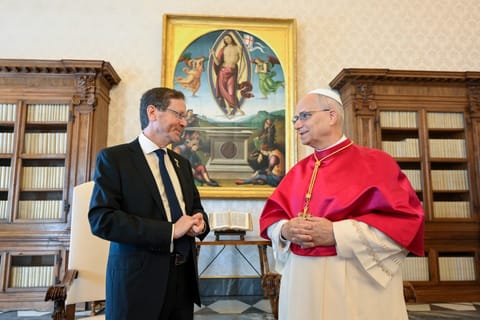 This handout photo taken on September 4, 2025 and released by the Vatican Media shows Pope Leo XIV during a private audience with Israel's President Isaac Herzog in the Vatican.