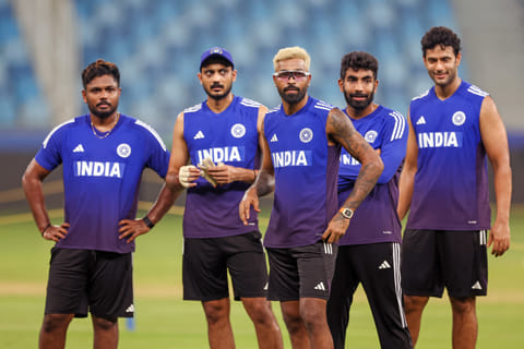 India's  Sanju Samson, Axar Patel, Hardik Pandya, Jasprit Bumrah and Shivam Dube during a training session ahead of their first Asia Cup match against UAE at Dubai International cricket stadium. 