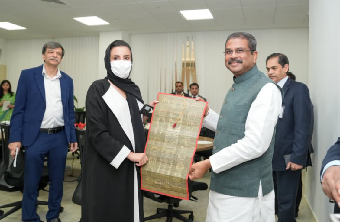Dharmendra Pradhan and Sara Musallam during their meeting in Abu Dhabi on Wednesday. 