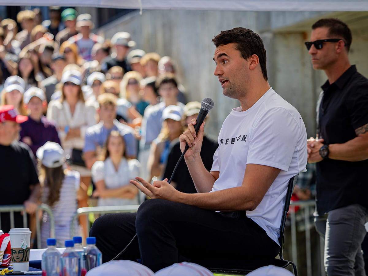 Charlie Kirk speaks before he is shot during Turning Point's visit to Utah Valley University in Orem, Utah.
