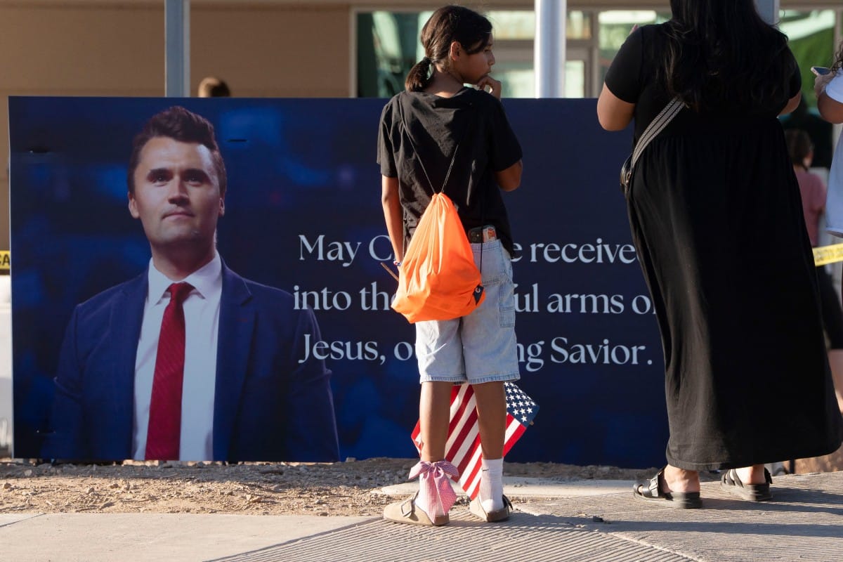 Arizonans mourn Turning Point USA Founder Charlie Kirk outside the Turning Point USA headquarters on September 10, 2025 in Phoenix, Arizona.