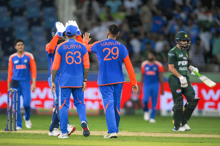 Indian players celebrate a Pakistan wicket during the Asia Cup clash in Dubai.