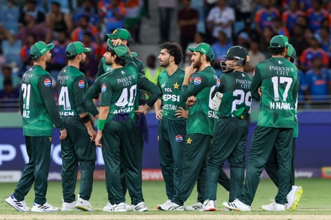 Pakistan team waits for the third umpire’s decision in their DP World Asia Cup match at Dubai International Stadium on Sunday. 