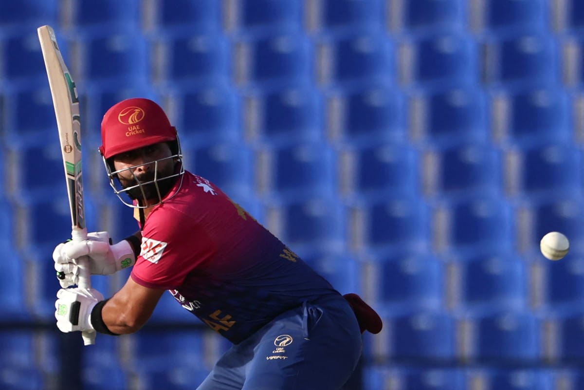 UAE's captain Muhammad Waseem in action during the Asia Cup 2025 Twenty20 international cricket match against Oman at the Sheikh Zayed Cricket Stadium in Abu Dhabi on September 15, 2025.