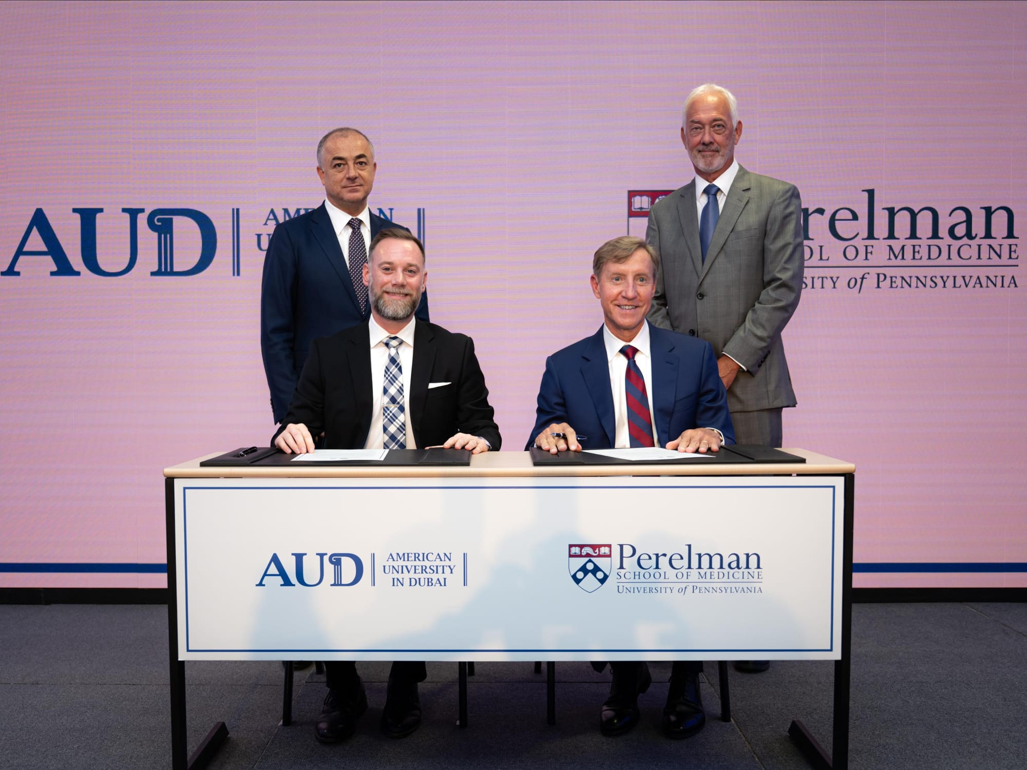 Clockwise: Elias Bou Saab, Dr Glen Gaulton, Dr J. Larry Jameson and Dr Kyle Long at the signing ceremony at AUD Campus in Dubai on Tuesday. 