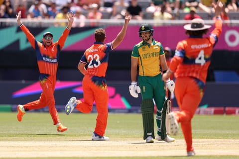 Vivian Kingma of Netherland celebrates after taking the wicket of Aiden Markram during the ICC Men's T20 Cricket World Cup West Indies & USA 2024 