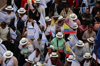 Demonstrators attend a rally against a Canadian mining project at the Quimsacocha moorlands in Cuenca, Ecuador on September 16, 2025.