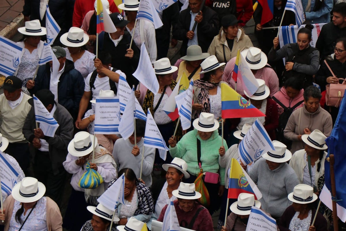 Demonstrators attend a rally against a Canadian mining project at the Quimsacocha moorlands in Cuenca, Ecuador on September 16, 2025.