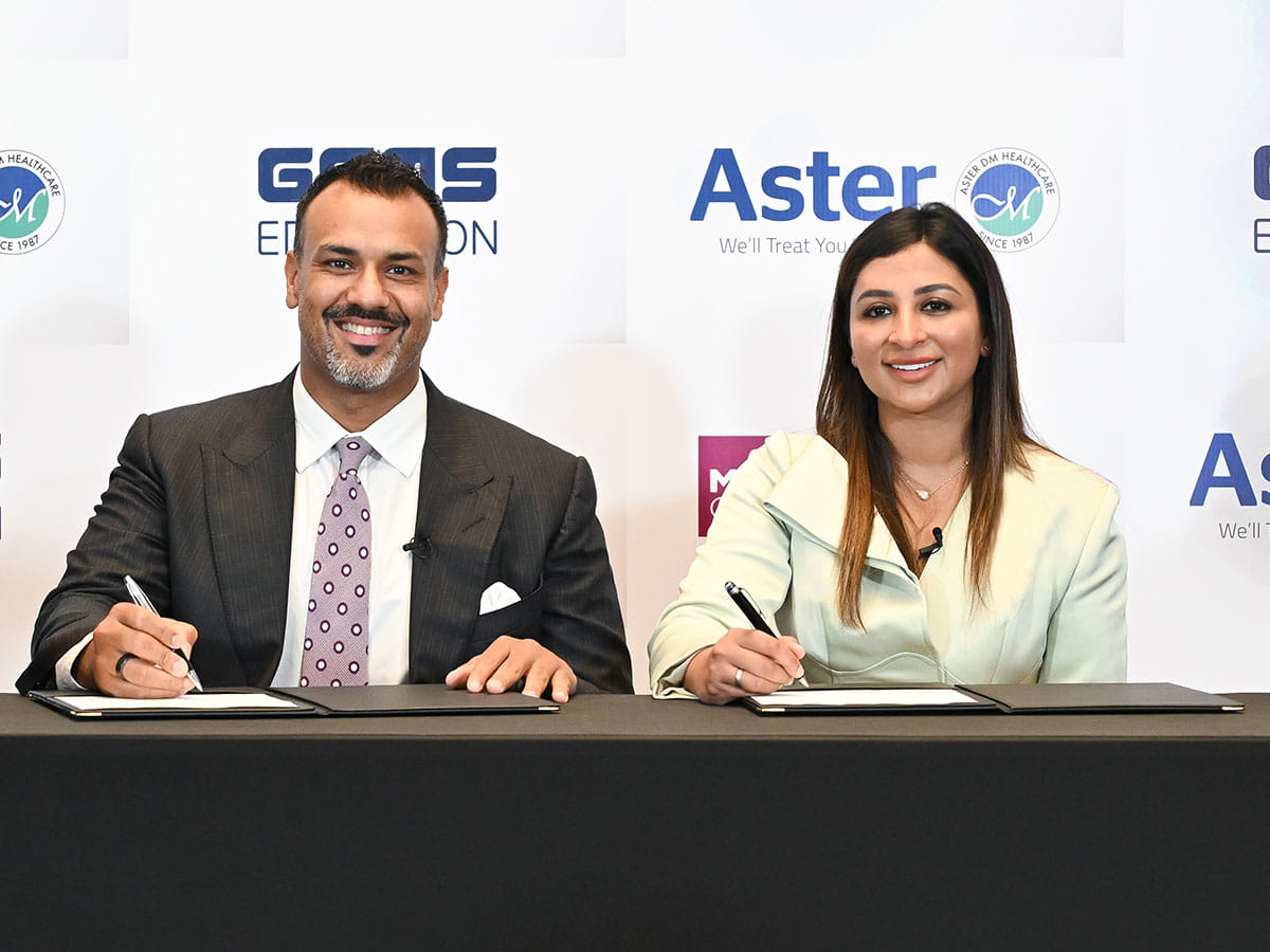 Alisha Moopen, Managing Director and Group CEO, Aster DM Healthcare; and Jay Varkey, Deputy CEO, GEMS Education during the agreement signing ceremony in Dubai
