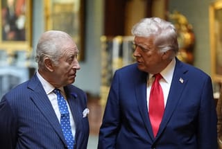 Britain's King Charles III (L) talks with US President Donald Trump during a formal farewell at Windsor Castle, in Windsor, on September 18, 2025, on the second day of their second State Visit.