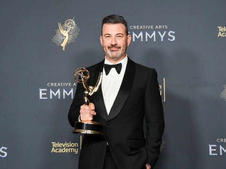 Jimmy Kimmel with the award for host for a game show for "Who Wants to Be a Millionaire" during night two of the Creative Arts Emmy Awards on Sunday, Sept. 7, 2025, at the Peacock Theater in Los Angeles.