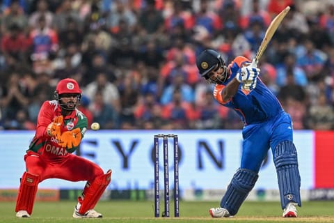India's Sanju Samson in action during the Asia Cup 2025 Twenty20 international cricket match against Oman at the Sheikh Zayed Cricket Stadium in Abu Dhabi on September 19, 2025.
