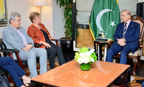 Prime Minister Shehbaz Sharif in a meeting with Managing Director of the International Monetary Fund Kristalina Georgieva.  