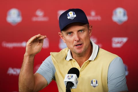 Justin Rose of Team Europe speaks in a press conference prior to the Ryder Cup 2025 at Black Course at Bethpage State Park Golf Course on September 24, 2025 in Farmingdale, New York.
