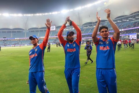Indian fans celebrate their win in the DP World Asia Cup final defeating Pakistan at Dubai International stadium on Sunday.