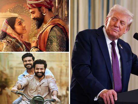 US President Donald Trump alongside stills from Bollywood epics Chhaava and RRR, as his proposed 100% film tariff sparks fears of a cultural trade clash.