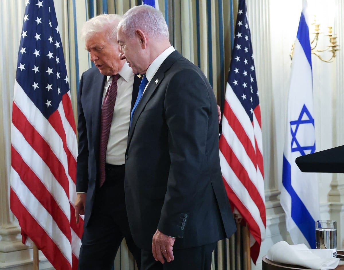 Trump (left) and Netanyahu leave at the end of a joint news conference in the State Dining Room at the White House on September 29, 2025 in Washington, DC.  
