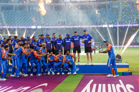 Indian captain Surya Kumar Yadav and team celebrate with an imaginary trophy after their win in the DP World Asia Cup final defeating Pakistan at Dubai International stadium on Sunday. Photo: Virendra Saklani/Gulf News