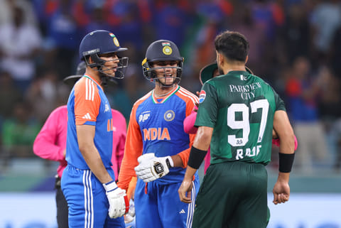 Indian opener Abhishek Sharma and Pakistan bowler Haris Rauf involve in a heated arguement during  their Asia Cup match at Dubai International Cricket Stadium. 