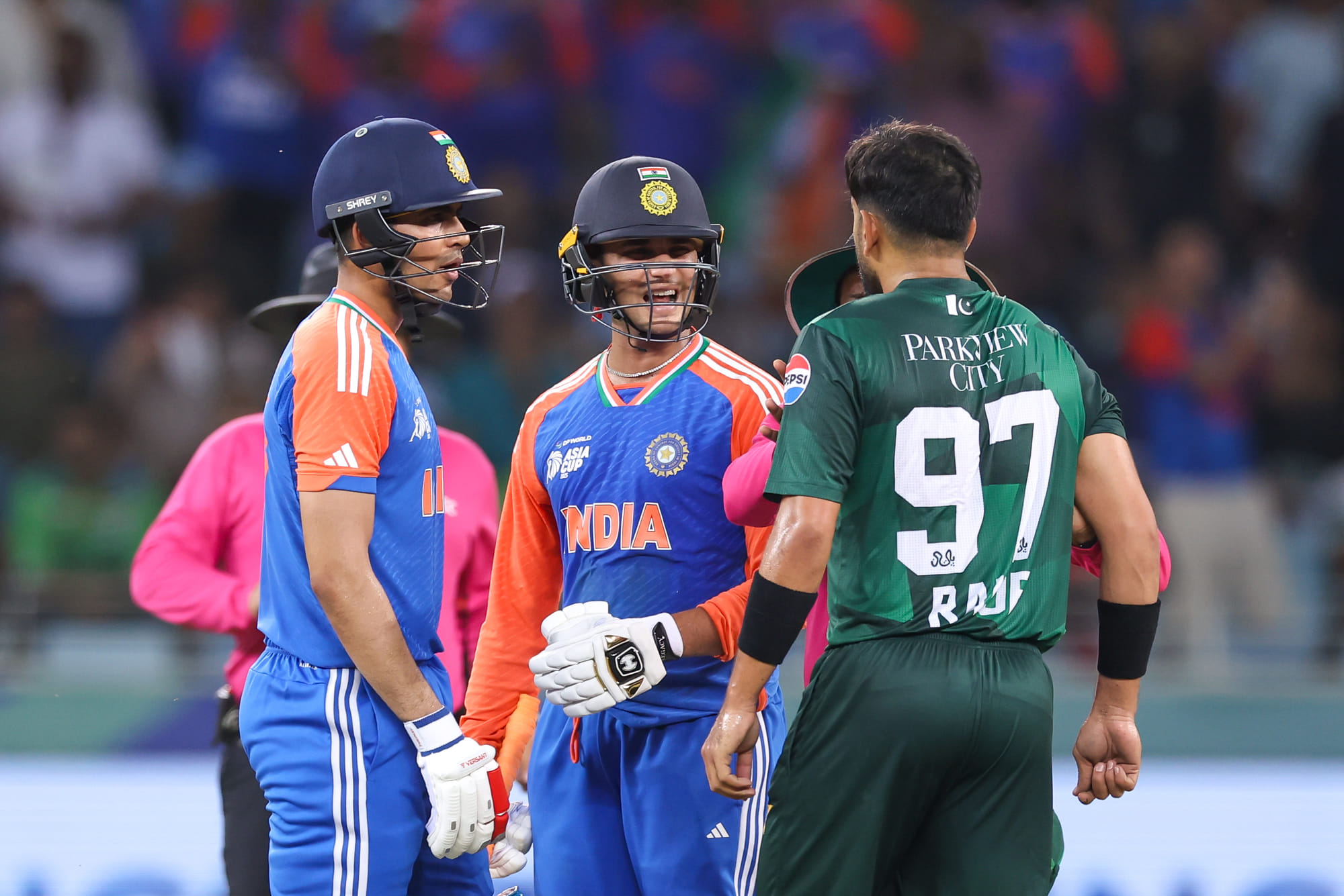Indian opener Abhishek Sharma and Pakistan bowler Haris Rauf involve in a heated arguement during  their Asia Cup match at Dubai International Cricket Stadium. 