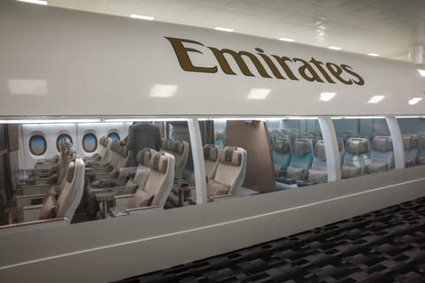 Inside the Emirates Centre of Hospitality Excellence at Emirates Crew Training Centre, there is an Airbus A350 with unique glass windows in which crew get trained in luxury hospitality service.