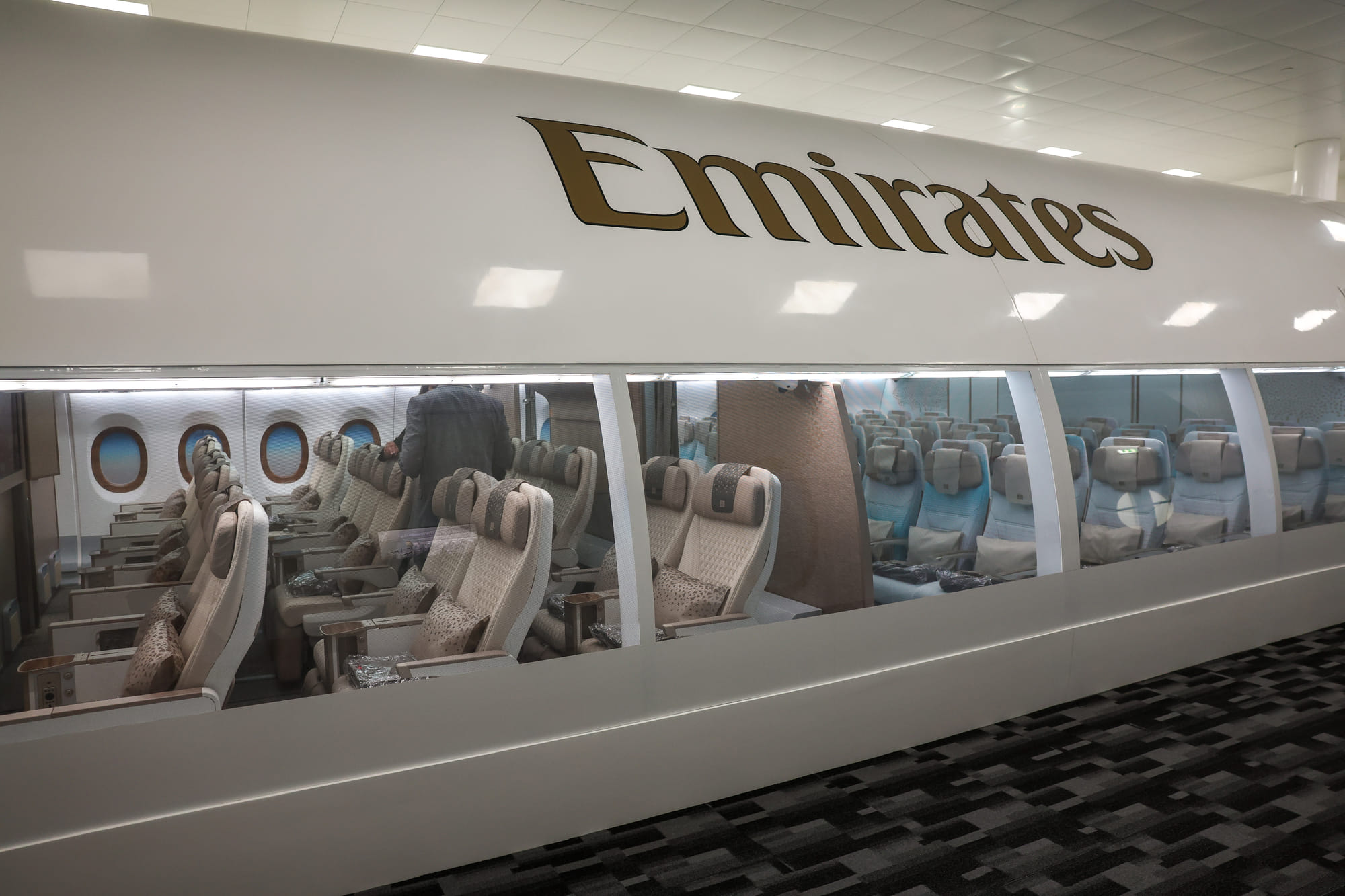 Inside the Emirates Centre of Hospitality Excellence at Emirates Crew Training Centre, there is an Airbus A350 with unique glass windows in which crew get trained in luxury hospitality service.